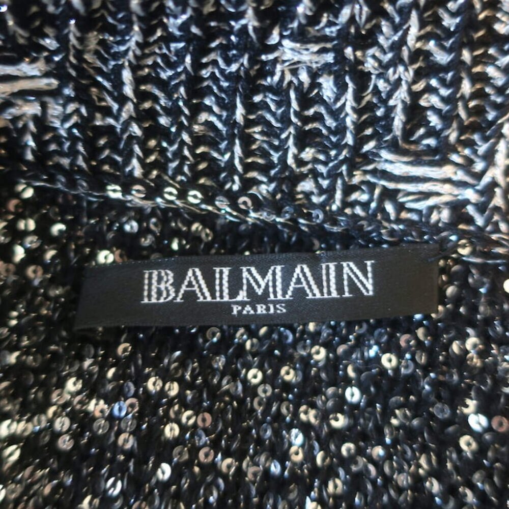 Balmain Sequined Striped Distressed Knit Mini Sweater Dress Black/Silver Size 36 - Picture 6 of 8